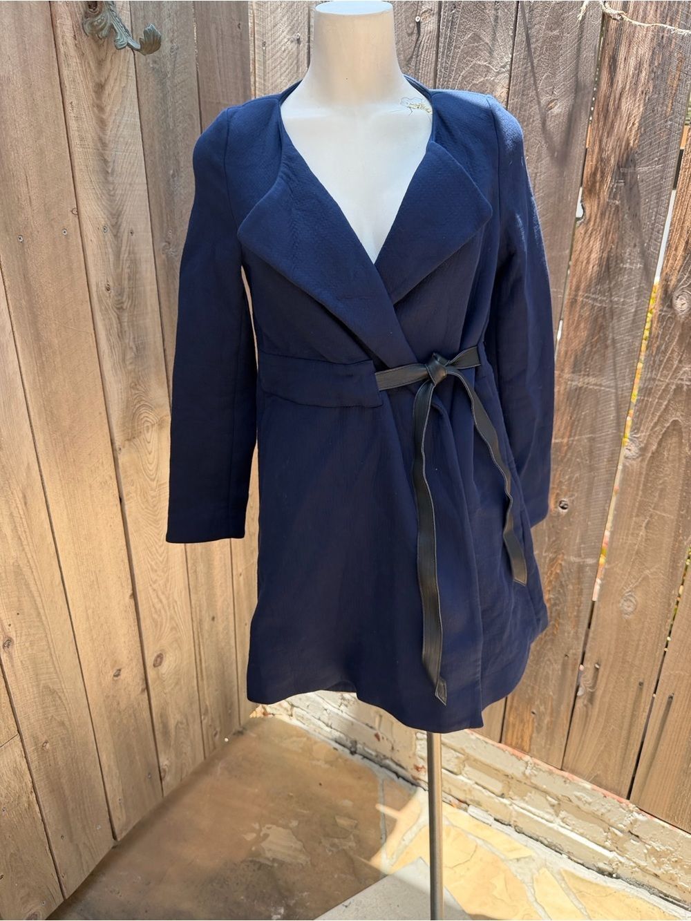 BA&SH navy coat with faux leather tie size small